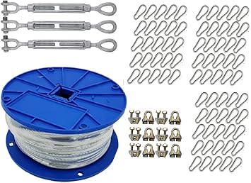 Jones Sports Heavy Duty Indoor/Outdoor Cable Kit for Baseball Softball Batting Cage Net with 3/8" turnbuckles, 3/16 Cable Clamps, and zinc snap Clips