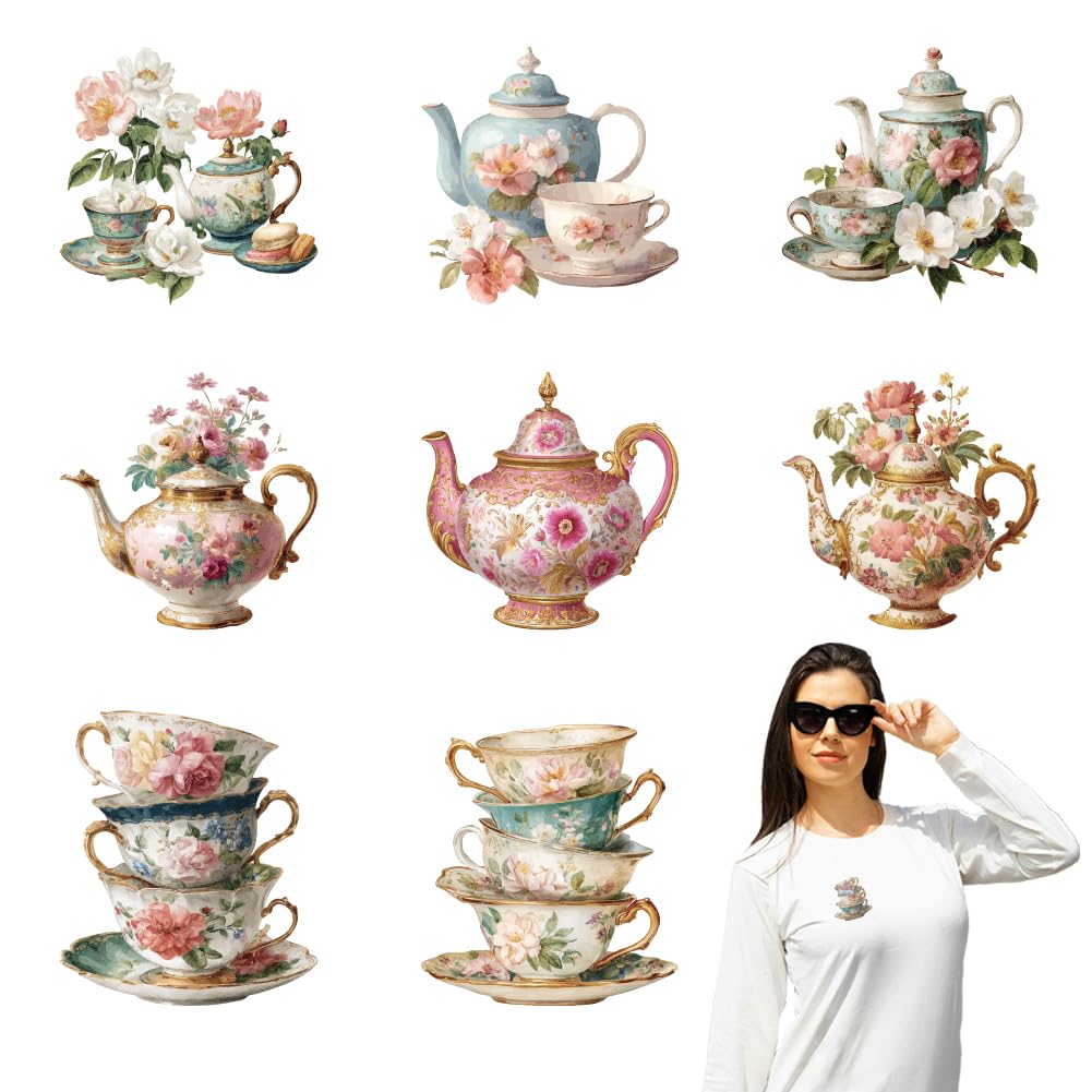 arricraft 9 Sheets Afternoon Tea Theme Iron on Stickers, Vintage Teacups Flower Print Transfer Stickers Decals for DIY T-Shirt Jeans Backpacks Families Clothing Hat Decoration Applique