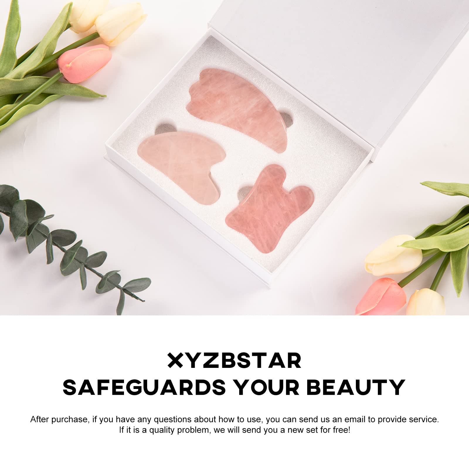 Gua Sha - Juego de 3 herramientas de masaje Guasha de cuarzo rosa, herramienta de raspado para cara, cuello, ojos y cuerpo, piedra de jade Guasha, paquete de 3 (rosa)