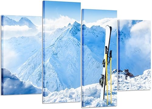 KREATIVE ARTS - Impresiones en lienzo de 4 piezas, arte de pared, montañas de invierno y equipo de esquí en la nieve, paisaje, imágenes modernas