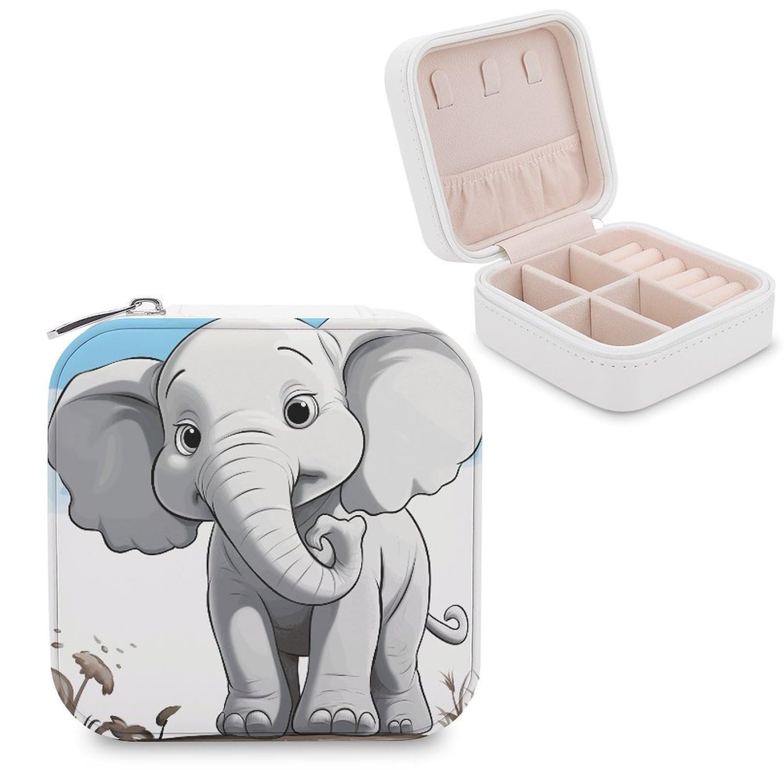 FekiLoot White Elephant Jewelry Box Custom Jewelry Travel Case Pu Leather Trinket Organizer Box to Organize Ring Pendant Earring Small Portable Jewelry Storage Holder for Women