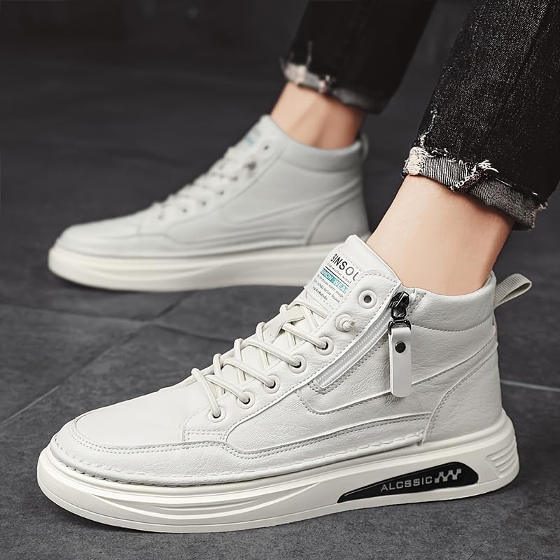 Trendy Faux Leather Men's High Top Skate Shoes with Elastic Shoelace and Zipper, Non Slip Comfy Casual Shoes for All Seasons Outdoor Traveling Street Walking3