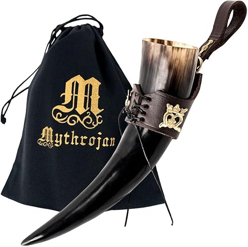 Vista 28 de Mythrojan Cuerno vikingo para beber 100% natural, auténtico, decoración de latón, cuerno nórdico con funda de cuero negro, bolsa de lona para vino