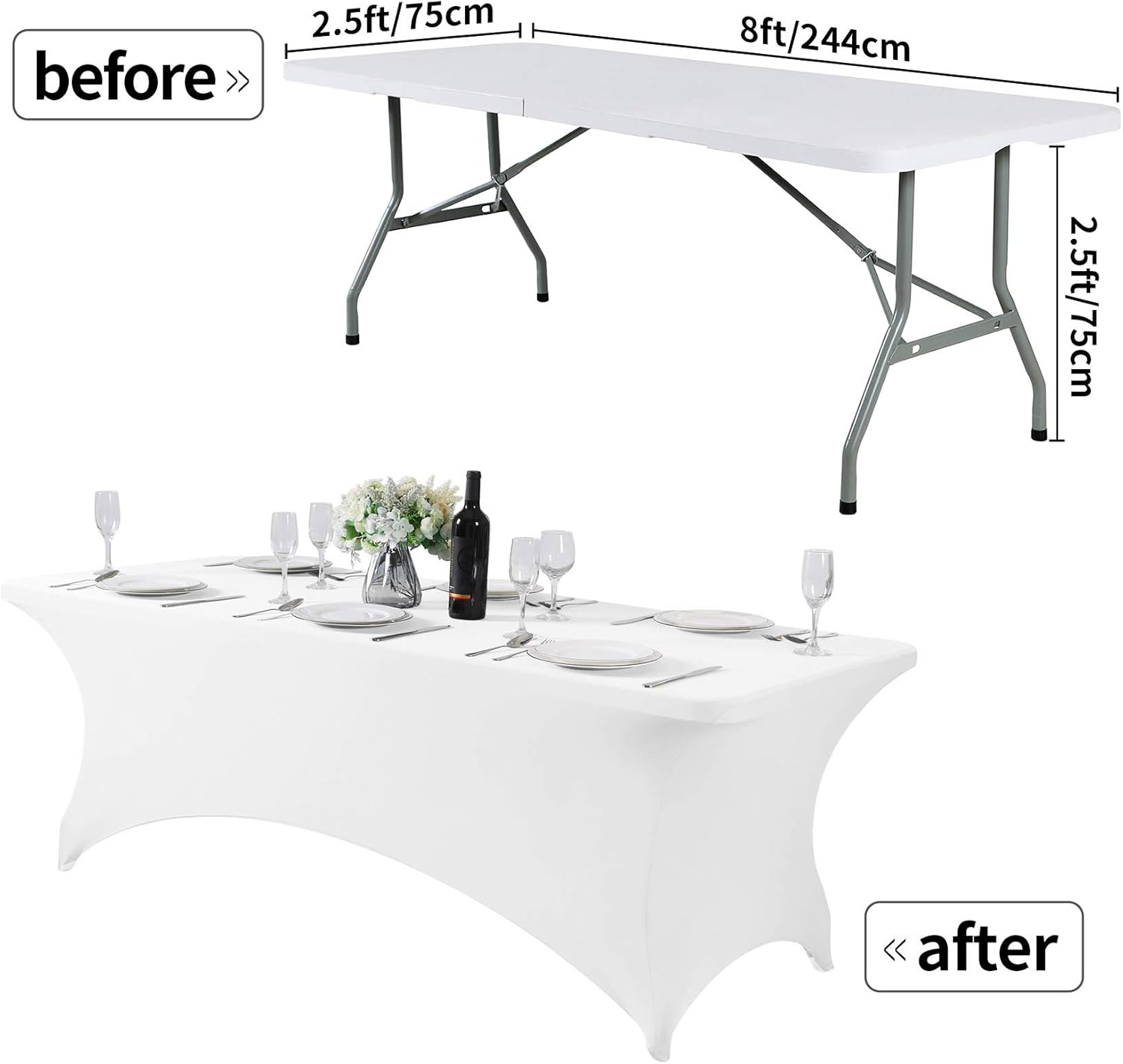 2Pack Spandex Table Cover for 8FT or 4ft or 6ft Table Universal Fitted Stretch Tablecloth for Party, Banquet, Wedding and Events-White