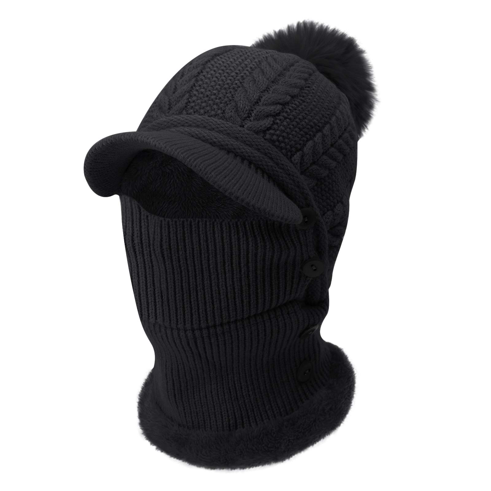 Gorra de protección para los oídos de las mujeres con ala de una pieza Fleece Beanie Sombreros Bufanda Máscara de invierno cálido Sombrero de punto (negro)