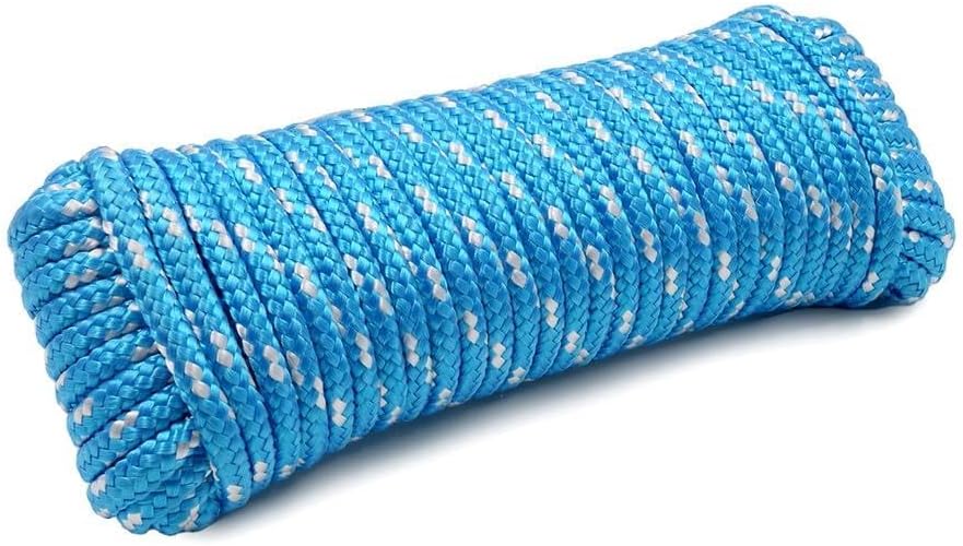 Diamond Braided Polypropylene Rope, 16-Strand Lightweight Floating Utility Rope for Camping, Marine, Flag Pole, Indoor and Outdoor Use (Light Blue, 1/4in X 65FT)