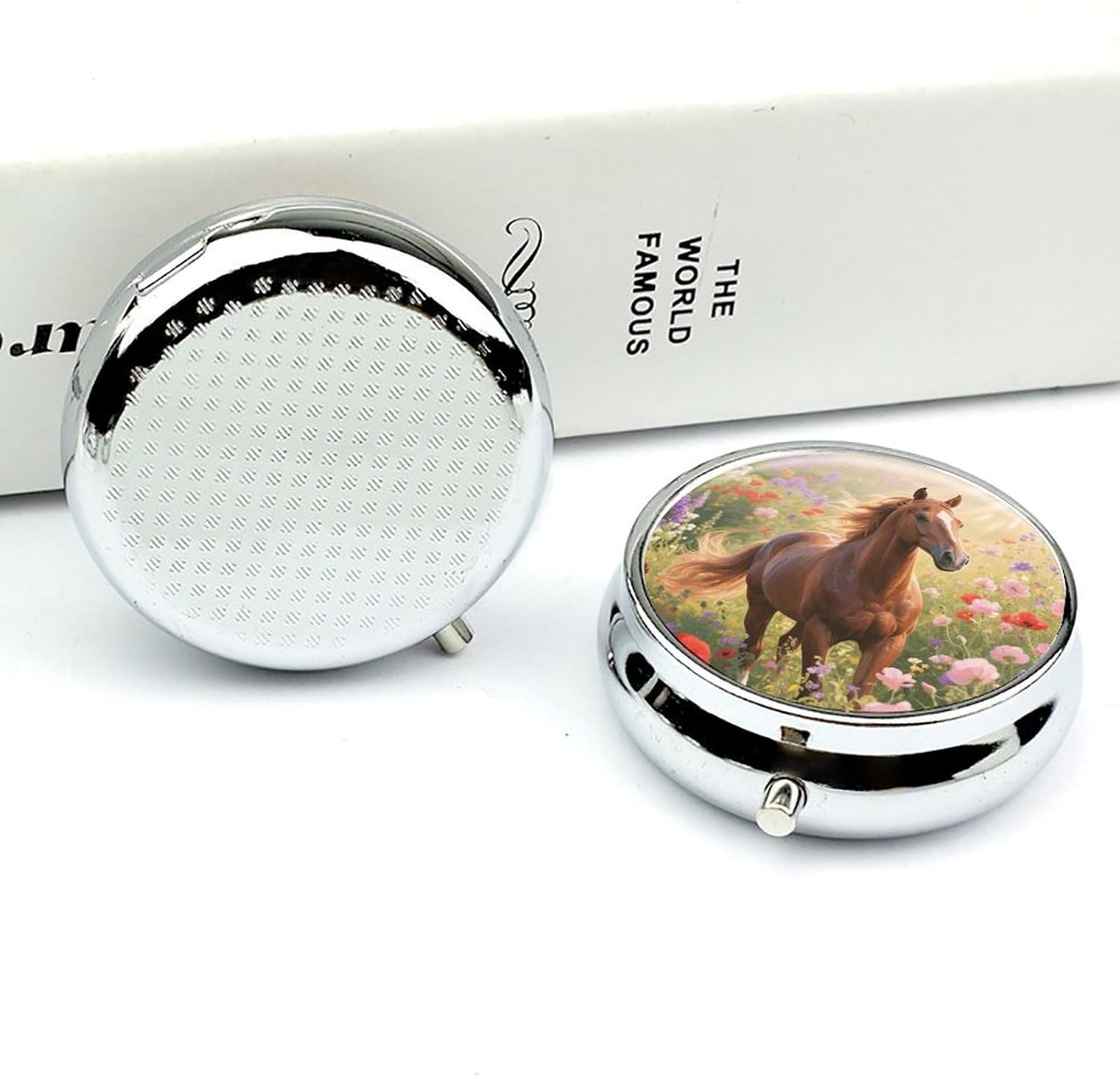 Round Daily Floral Horse Pill Case with 3 Compartment & Mirror image 5
