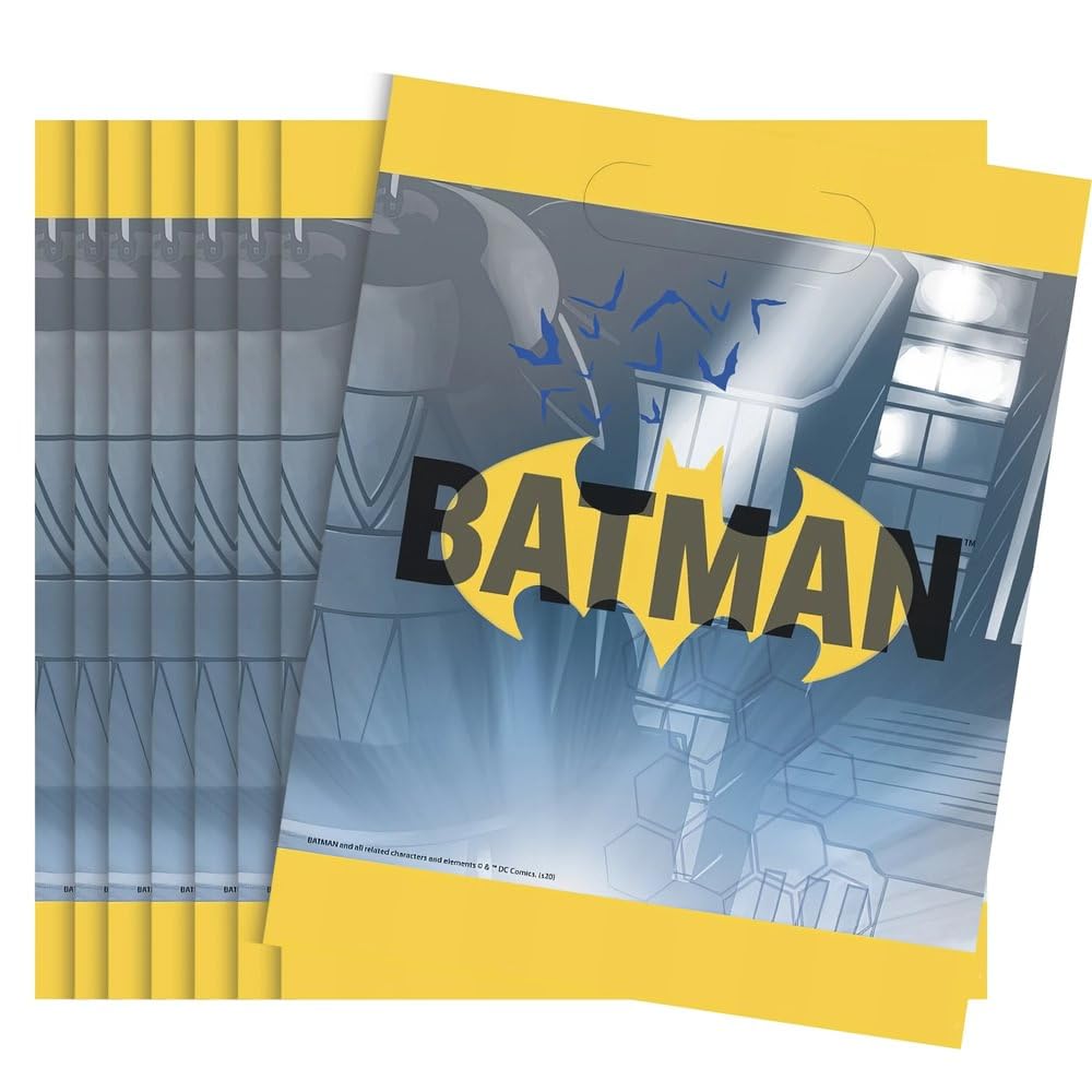Vibrant Yellow Batman Loot Bags - Retro Comic-Themed Party Favors - Perfect for Kids' Birthday Parties & Special Events - 8ct