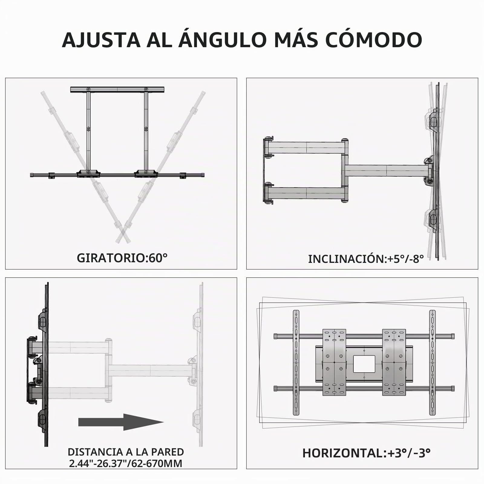 Soporte TV Pared Brazo para Televisiones Monitores 75-120 Pulgadas Articulado Inclinable Carga Máx. 130kg VESA MAX 1000x600mm DY1000