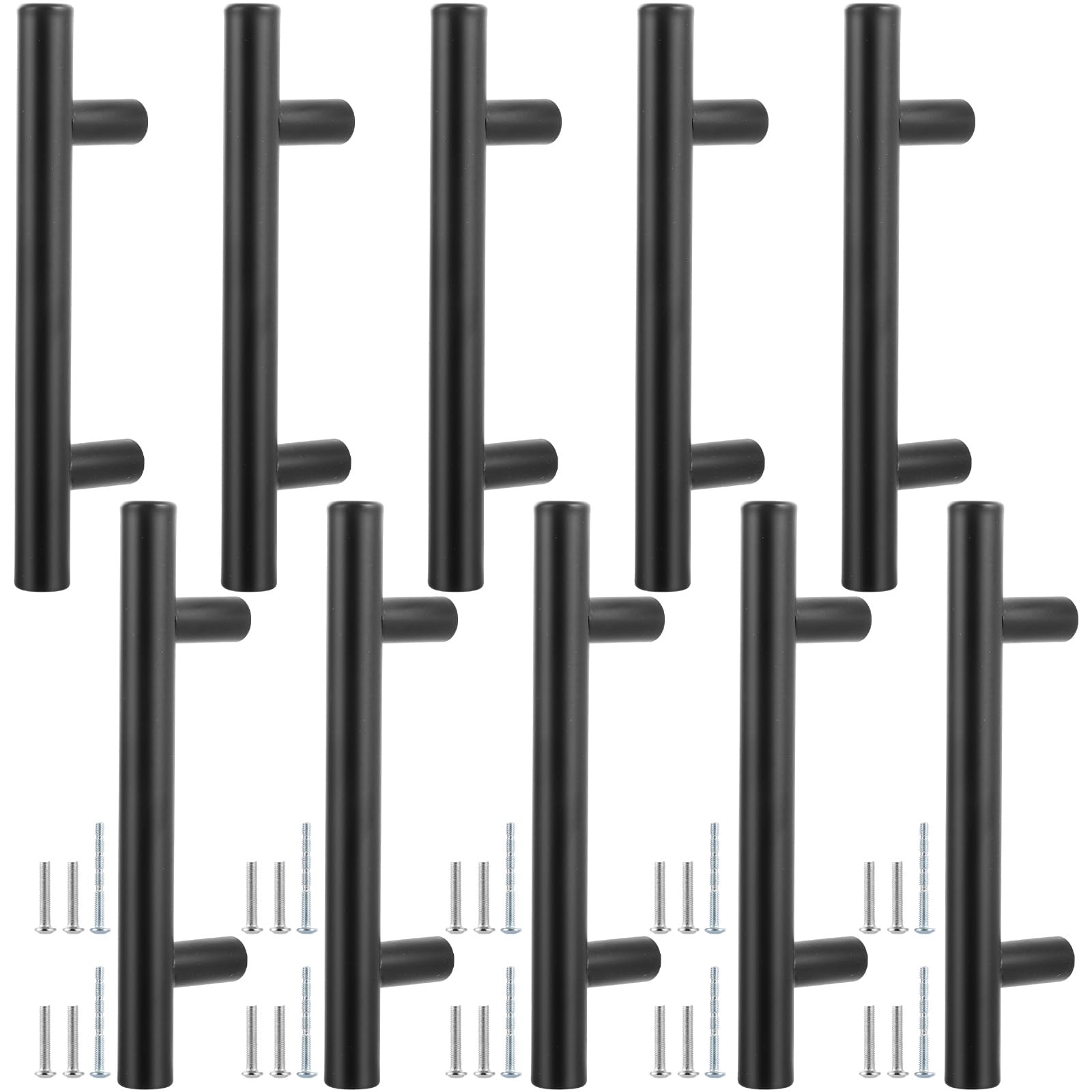 ASelected 10PCS Kitchen Door Cupboard Handles,127mm Black Cabinet Door Pulls Handles, 76mm Hole Spacing Stainless Steel T Bar Handles with Screws for Wardrobe,Dresser,Door,Gate,Cabinets,and Drawers