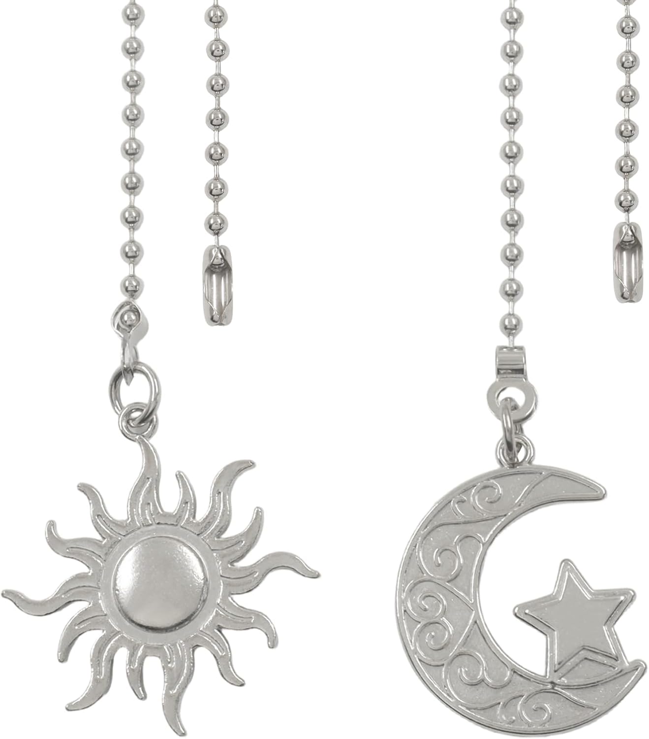 Ceiling Fan Pull Chain Set, Decorative Extension with Moon and Sun Connector, Ornamental Beaded Ball Pendant for Lighting Fixtures and Fan Controls (Silver)