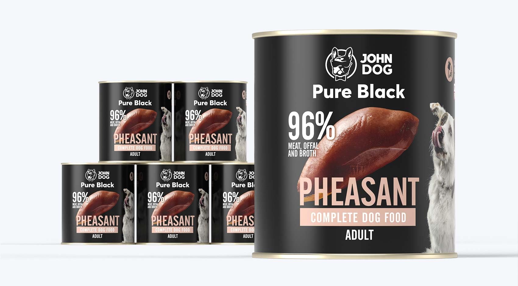 JOHN DOG Pure Black Fasan Lot de 6 boîtes de 800 g de nourriture humide pour chiens adultes sans céréales avec 96 % de viande