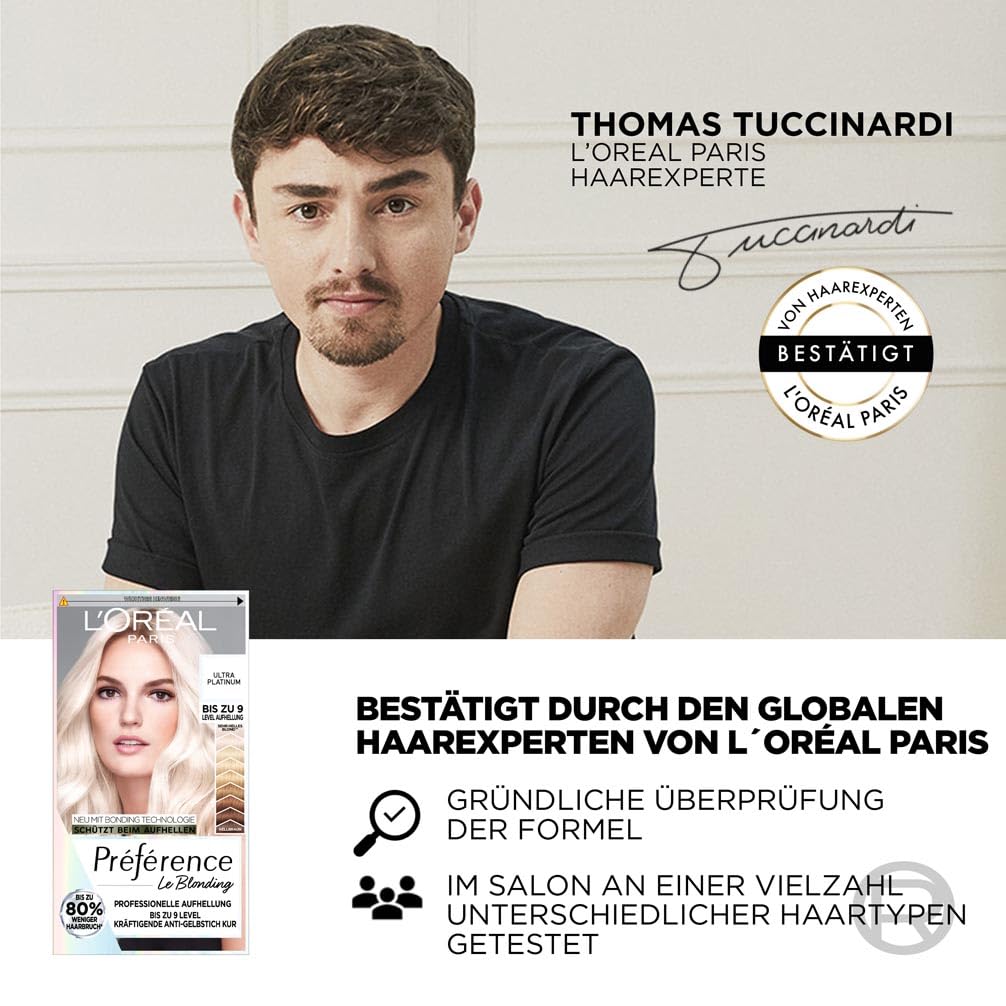 L'Oréal Paris Extrem Aufheller für platin-blondes Haar, Mit Anti-Gelbstich und Anti-Haarbruch Technologie, Permanente Haarfarbe, Préférence Le Blonding, 9L Helles Platinblond, Multipack