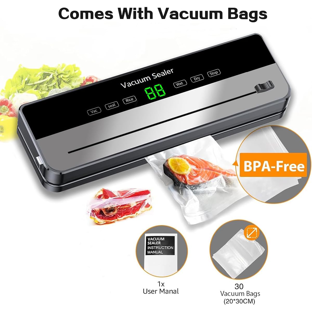 Vakuumiergerät, Vakuumierer 5 in 1,starker Lebensmittel-Vakuumiergerät für frische Lebensmittel, trockene/nasse Lebensmittel, 30-Vakuumbeutel und eingebautem Cutter (schwarz)