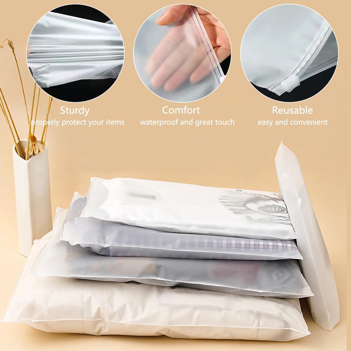 Travel Storage Bags, 3 Sizes Travel Bags Organizer, Plastic Storage Bag Resealable Frosted Zipper for Clothes, Towel, Toiletries