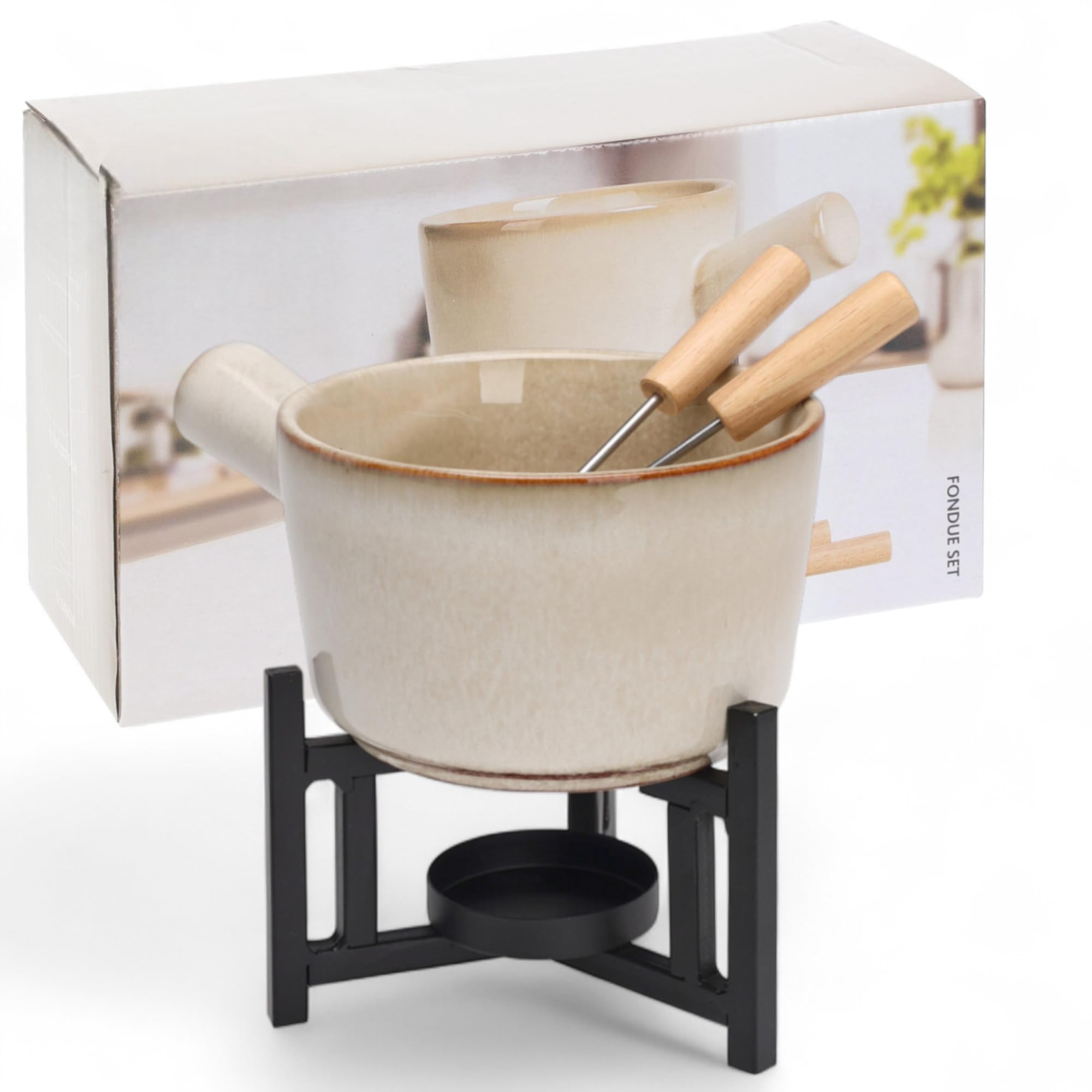 MIJOMA Fondue Set für 2 Personen – Keramiktopf mit Metallgestell & Edelstahlgabeln – Schokoladen- & Käsefondue – 450ml – stilvolles Tisch-Set für romantische Abende & Geschenke
