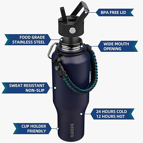 Miniatura 2 de BJPKPK Botellas de agua aisladas con tapa con pajilla, botella de agua de metal de 35 onzas con 2 tapas y correa de paracaídas, vasos al vacío de