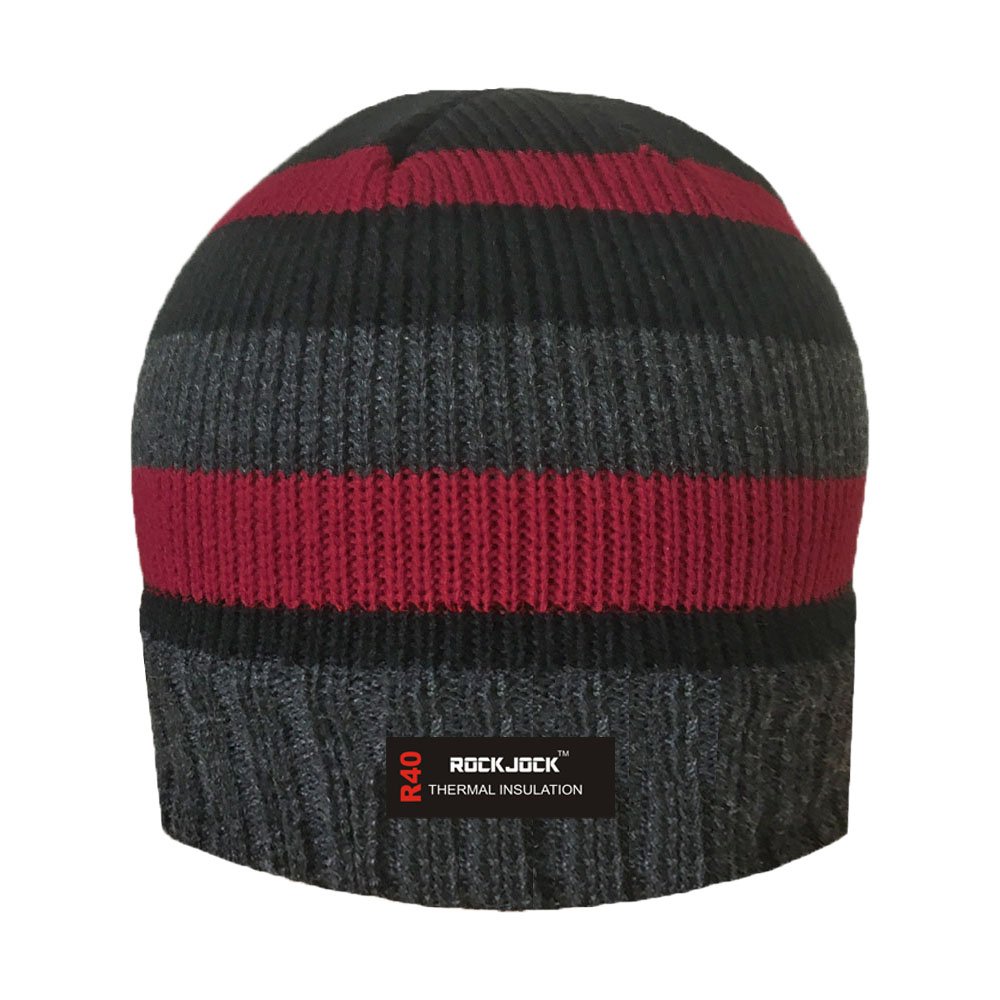 Rockjock Men's Black Striped Knitted Fleece Lined Beanie Hat With R40 Thermal Insulation /Red
