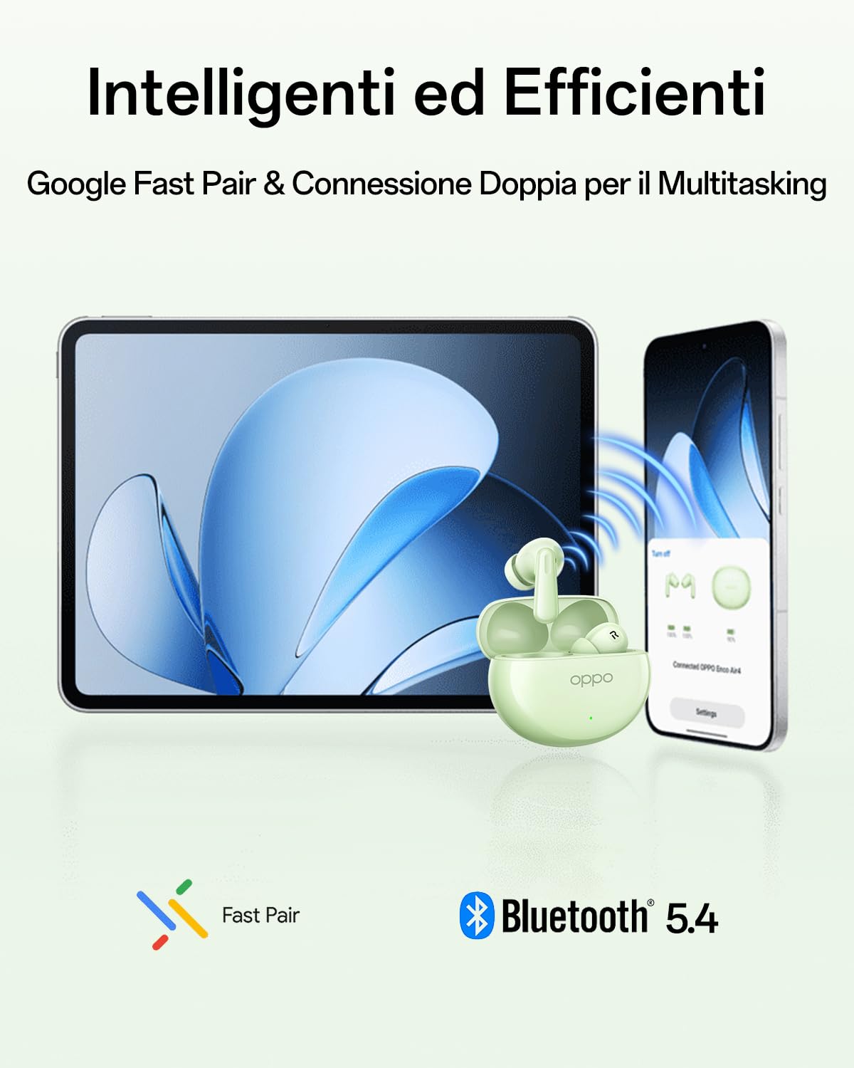 OPPO Enco Air4 wireless Bluetooth Auricolari, True Wireless Stereo, cancellazione attiva del rumore, durata della batteria di 12 ore, esperienza di gioco a bassa latenza, IP55, Fresh Mint