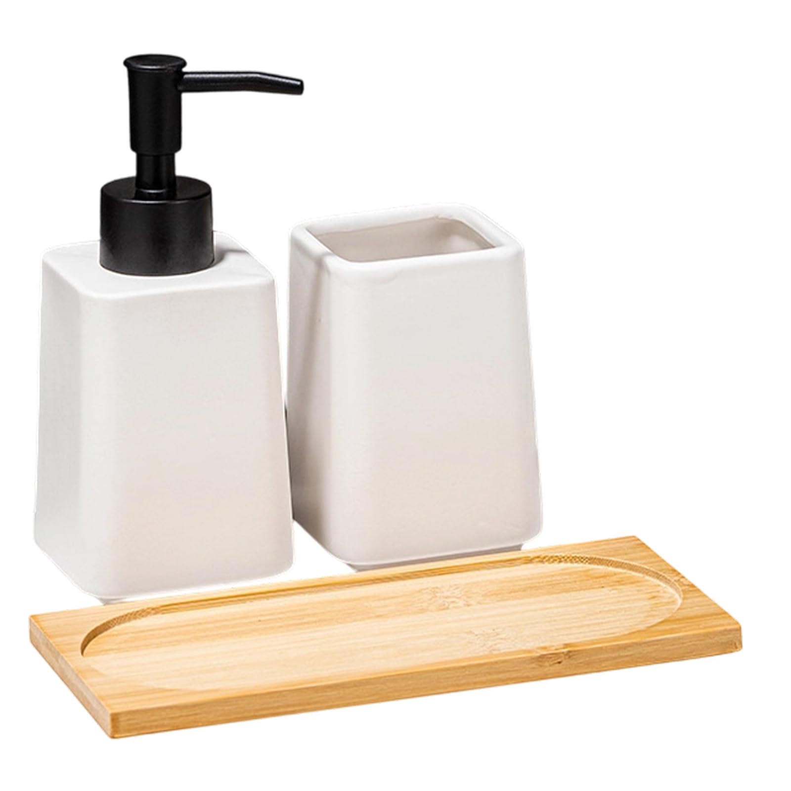 Elnwnnkc 3PCS Trapezoid Soap Dispenser Set 300ml Capacity Featuring Wood Storage Tray Toothbrush Cup for Bathroom Countertop Use Ceramic Soap Dispenser Set