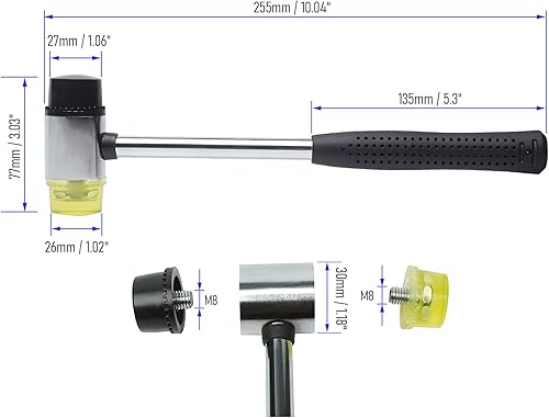 Miniatura 9 de Martillo de goma de doble cara de 0.984 in, 6 onzas, con 4 puntas suavesduras, agarre antideslizante para manualidades de cuero, carpintería e