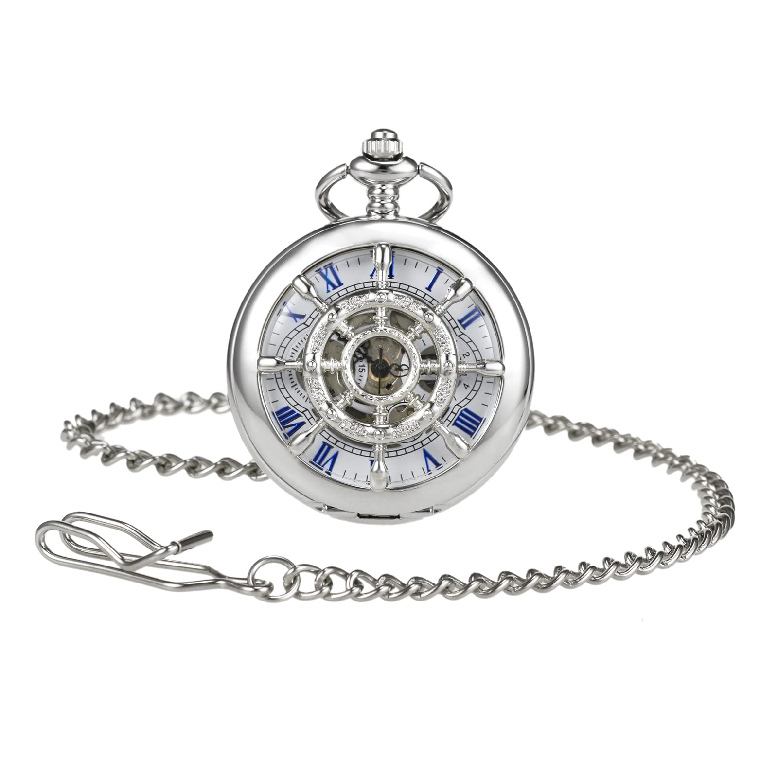 TREEWETO Reloj de Bolsillo Vintage Timón Hueco Mecánico Steampunk Esqueleto Números Romanos Reloj de Bolsillo con Cadena para Hombres Mujeres