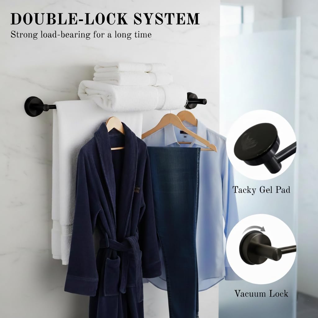 Suction Cup Towel Bar 17-28 Inch Adjustable Retractable Stainless Steel Towel Rack for Bathroom, RV & Renters - No Drill Heavy Duty Wall Mounted Holder, Removable for Glass & Tile (2, Black)