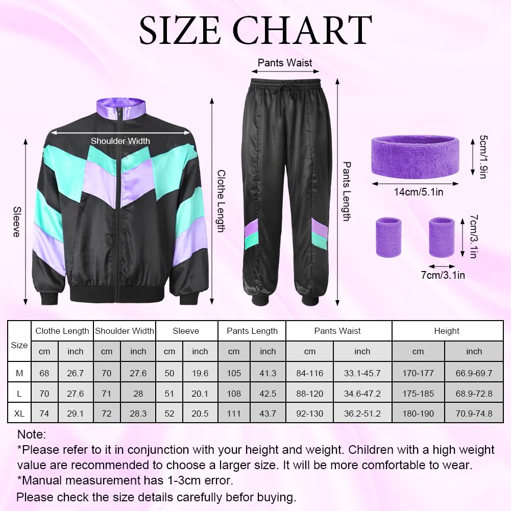 Aomig Zestaw akcesoriów do kostiumu w stylu lat 90., 80-tych, 5 sztuk, retro, dres treningowy, unisex, dyskoteka, strój na całe ciało, kurtka, spodnie, bransoletka i opaska na czoło w stylu lat 80