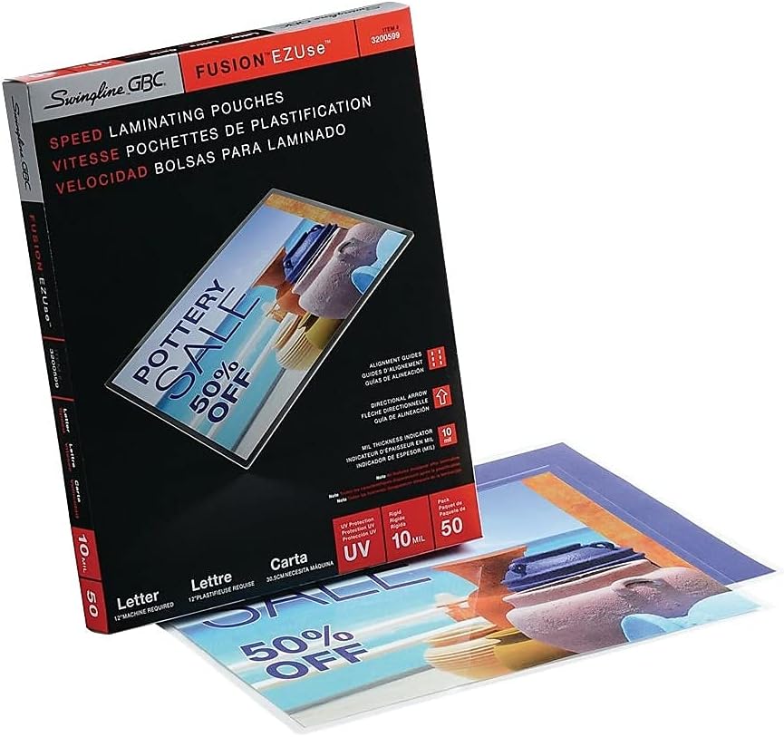 GBC Laminating Sheets, Thermal Laminating Pouches, Letter Size, 10 Mil, Speed Format, EZUse, 50 Pack (3200599)