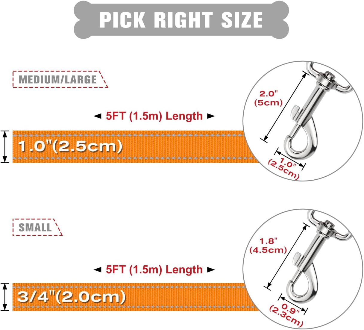 TagME 5FT Double-Sided Reflective Dog Leash, Soft Padded Handle Nylon Dogs leashes for Walking and Training for Medium & Large Dogs, Orange