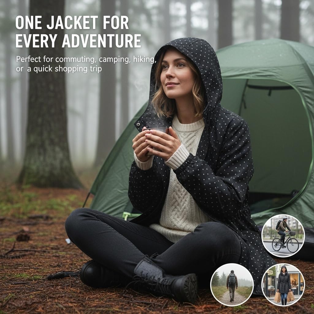 Women's Polka Dot Hooded Drawstring Mid Length Rain Jacket