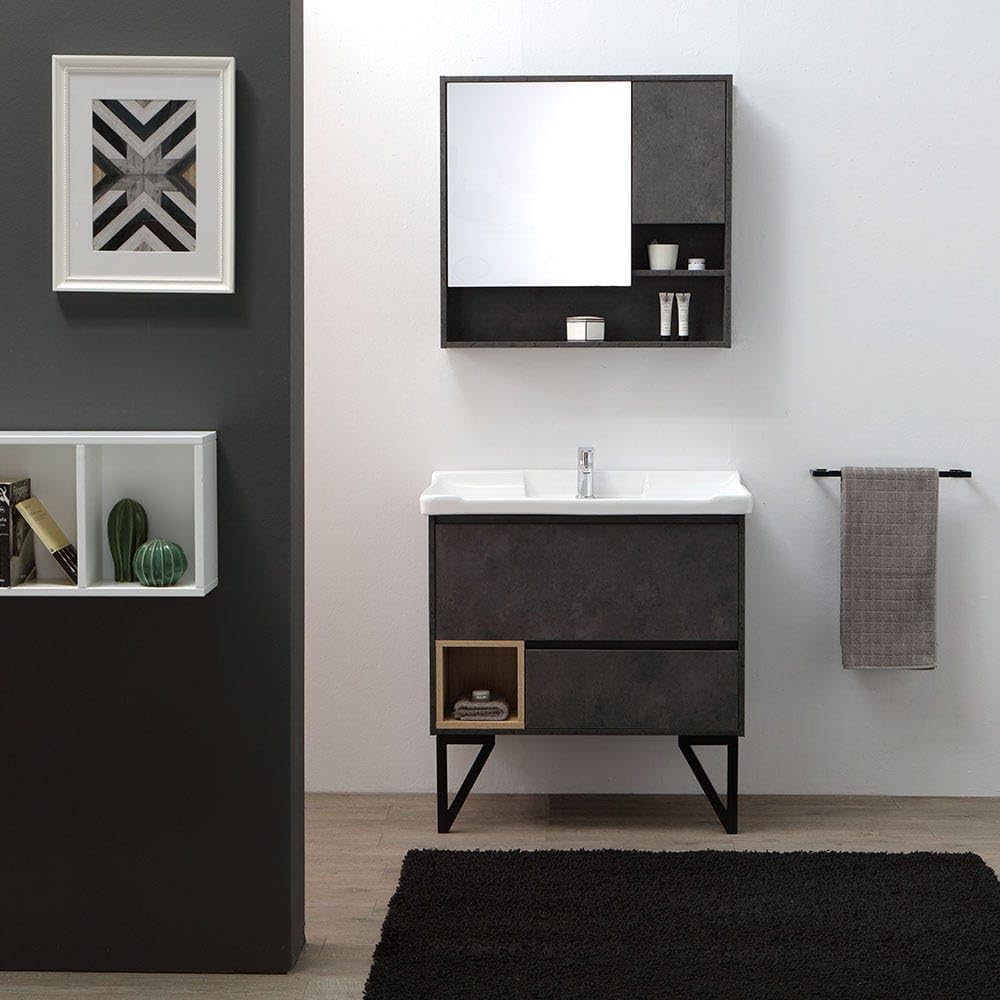 Kiamami Valentina - Mueble de baño 80cm, 2 cajones Gris Industrial, Patas de Acero y Espejo contenedor | Viena