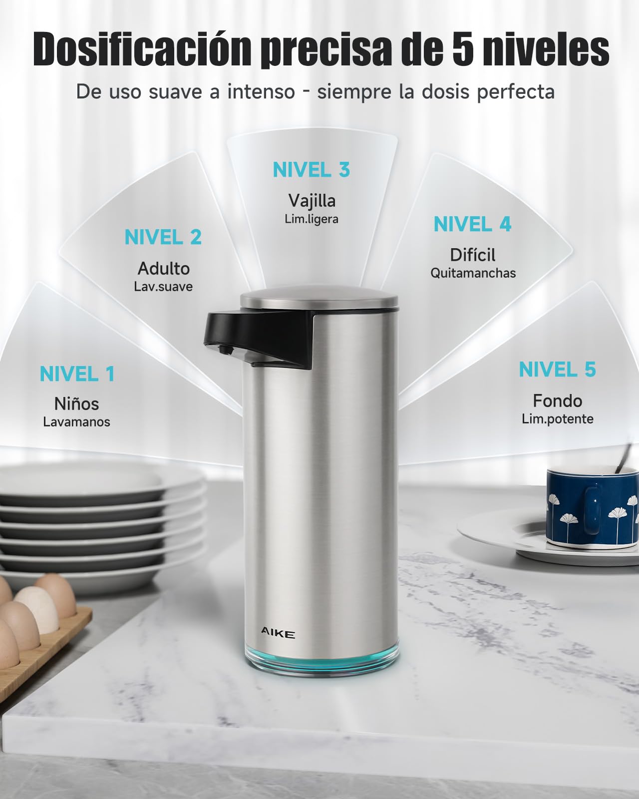 AIKE SensePro Dispensador de jabón automático, Recargable USB-C, Acero Inoxidable Cepillado 380ml para Jabón Líquido