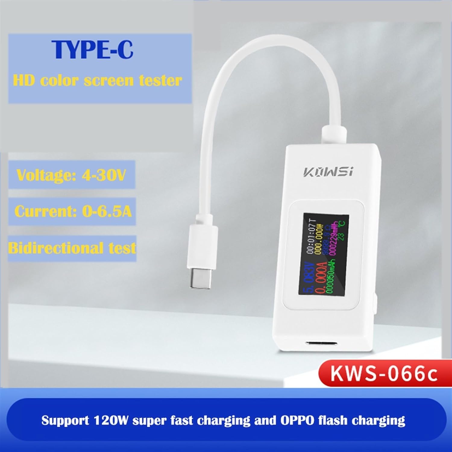 Type C Tester DC4-30V Voltmeter Ammeter Digital Monitor Power Bidirectional Current and Voltage Tester KWS-066C(KWS-066C White)