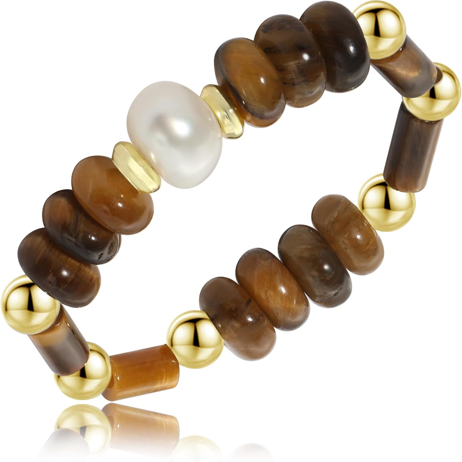 SIXFOX Tiger Eye Ring for Women Stretch Natural Pearl Beaded Rings | Baroque Pearl Plated Stackable Elastic Bead Bracelet, Handmade Boho Healing Stone Anxiety Jewelry Gift