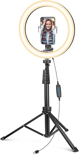 UBeesize - Anillo de luz para selfie con trípode y soporte para teléfono celular para transmisión en vivomaquillaje mini luz LED para cámara para