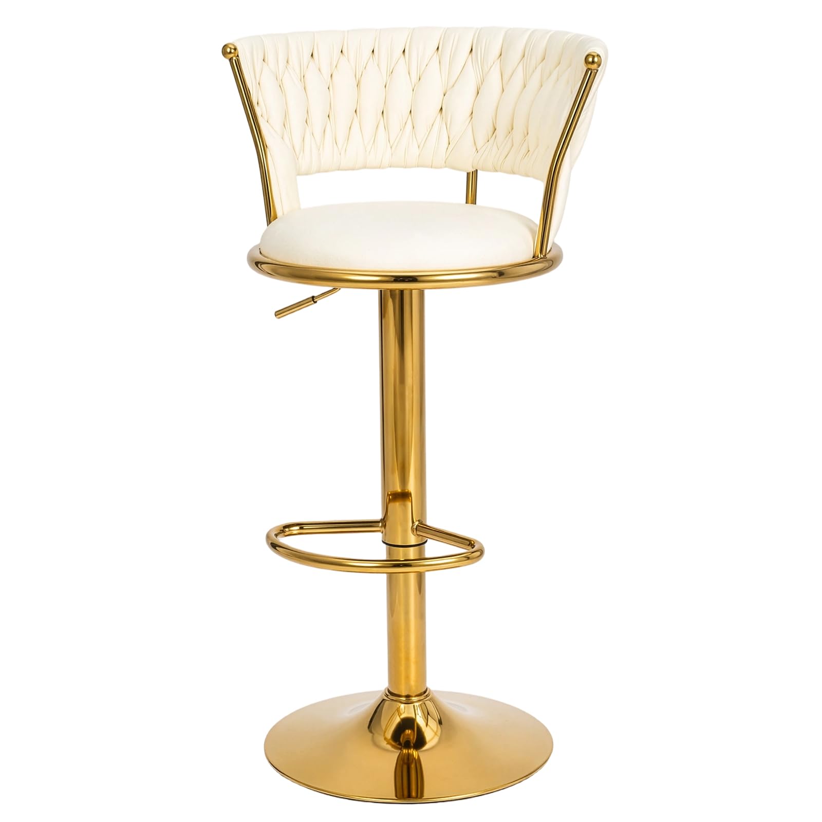 Adjustable Swivel Bar Stool, Modern Velvet Counter Height Bar Chair with Backrest and Footrest, Gold Frame, Perfect for Home Bar, Kitchen Island, Dining, and Commercial Bars, White