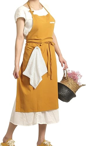 Delantal de lino de algodón suave, delantal de arte de lino retro, delantal casual ajustable con toalla, ideal para floristería y cocina