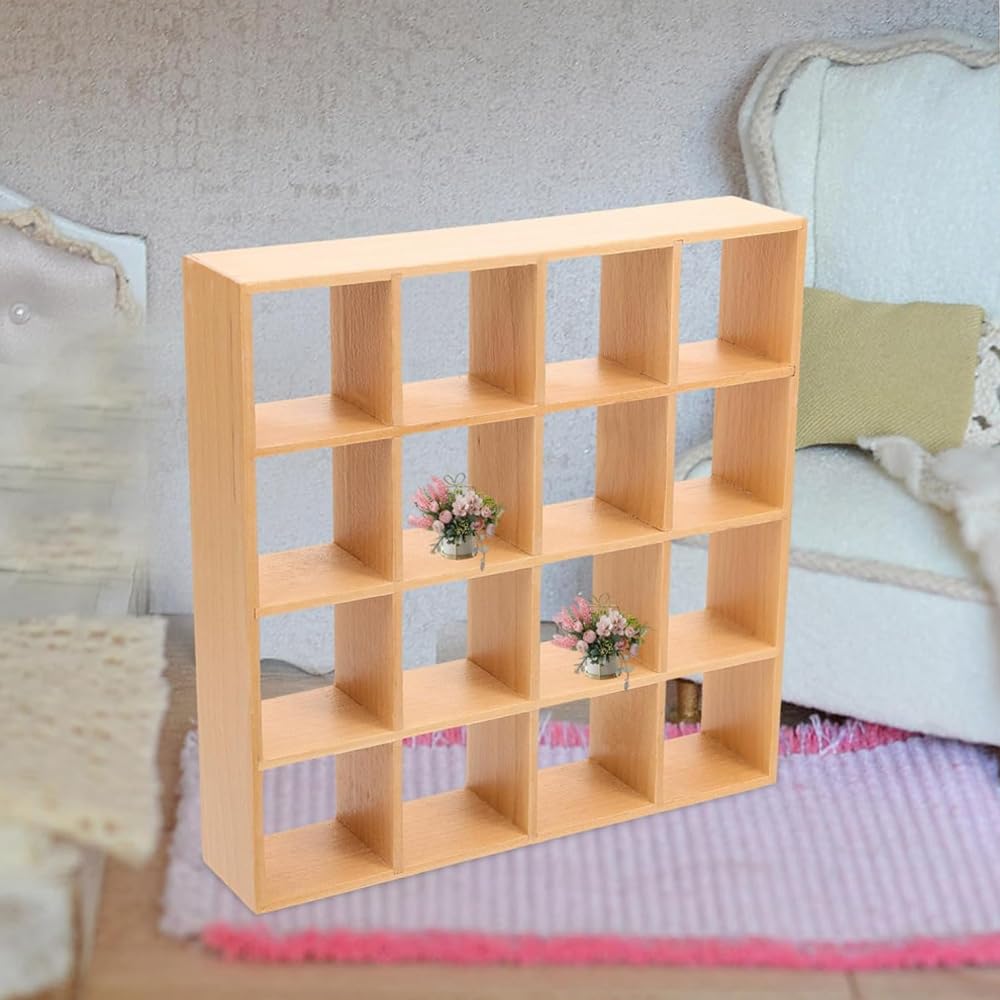 FONGKNOX Dollhouse Bookshelf 16 Grid Mini Display Shelf 1:12 Miniature Bookshelf Wall Rack Stand Wooden Dollhouse Furniture Dollhouse Accessories Decorations - Image 2