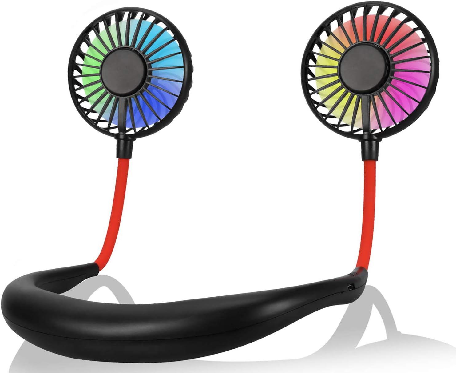 Hands Free Portable Neck Fan - 2000mAh Rechargeable Mini USB Personal Fan Battery Operated with 3 Level Air Flow, 7 LED Lights for Home Office Travel Indoor Outdoor (Black)