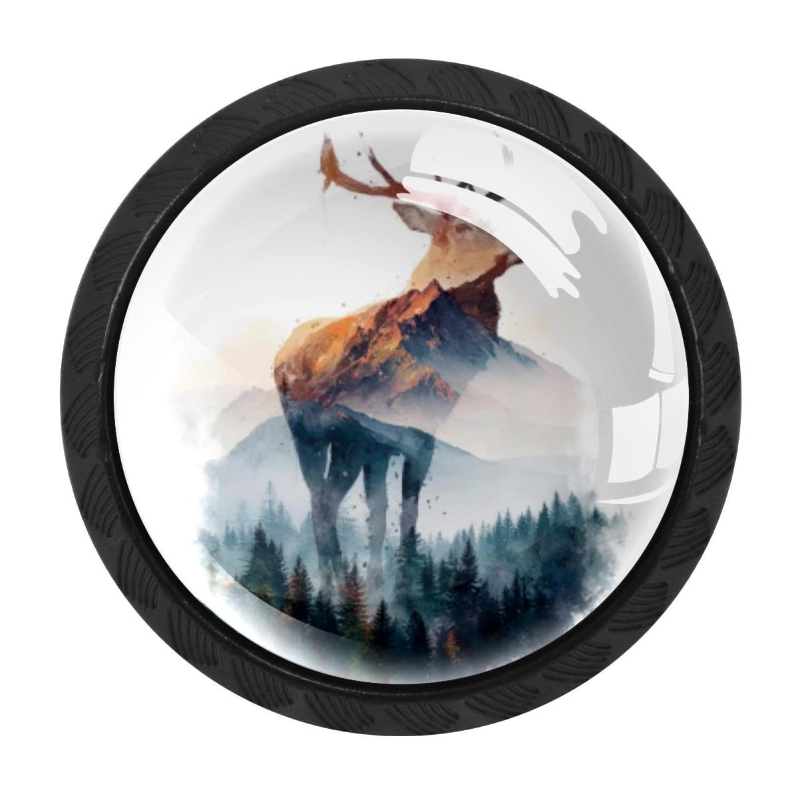 CHENZZZZ 4 Pieces Black Cabinet Pull Handle with Screws,Watercolor Mountain Deer (1) Kitchen Knobs, Hardware for Cupboard Drawer Dresser