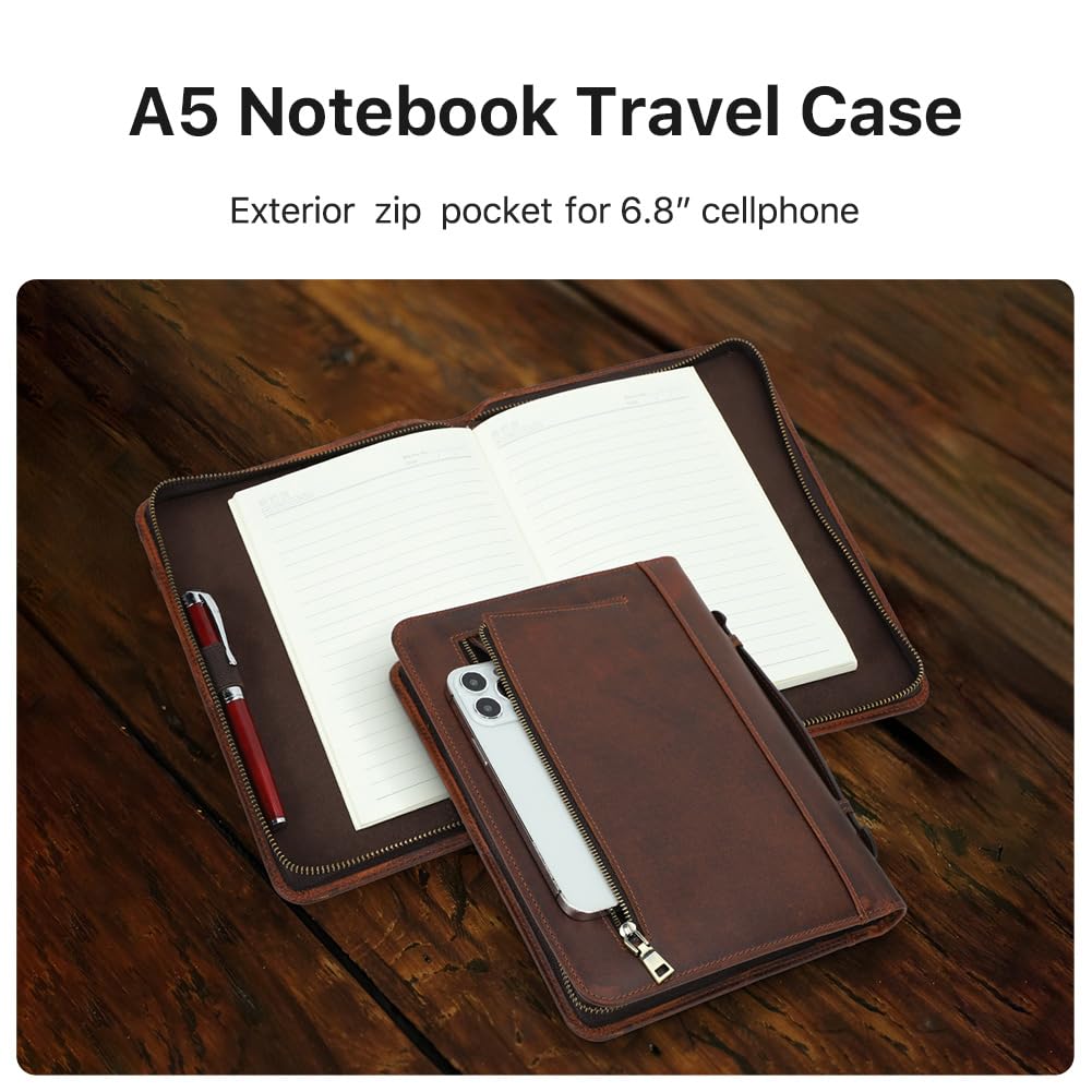 Hiram Funda de piel para cuaderno A5, bolsa de almacenamiento de piel con cremallera, funda para cuaderno A5 con asa de transporte y funda para teléfono móvil