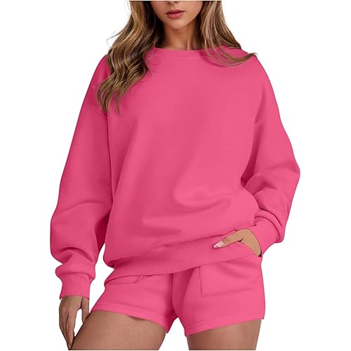 2 Piece Outfits for Women Fall Lightweight Sweat Shorts Sets Oversized Solid Casual Lounge Set Sweatsuit Tracksuit