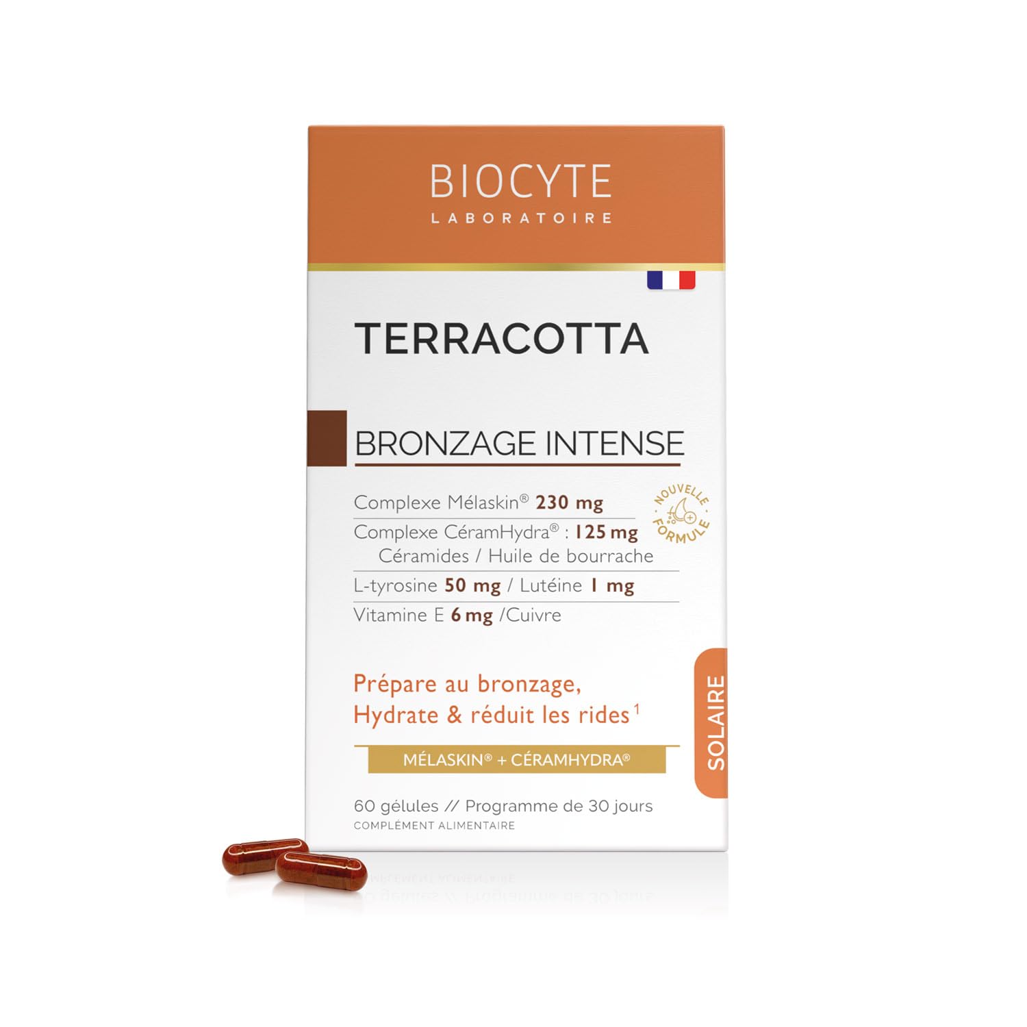 BIOCYTE Terracotta Bronzage Intense - Complement Alimentaire Bronzage - Vitamine E, Cuivre, Melanine, Huile de Bourrache - Programme de 30 jours