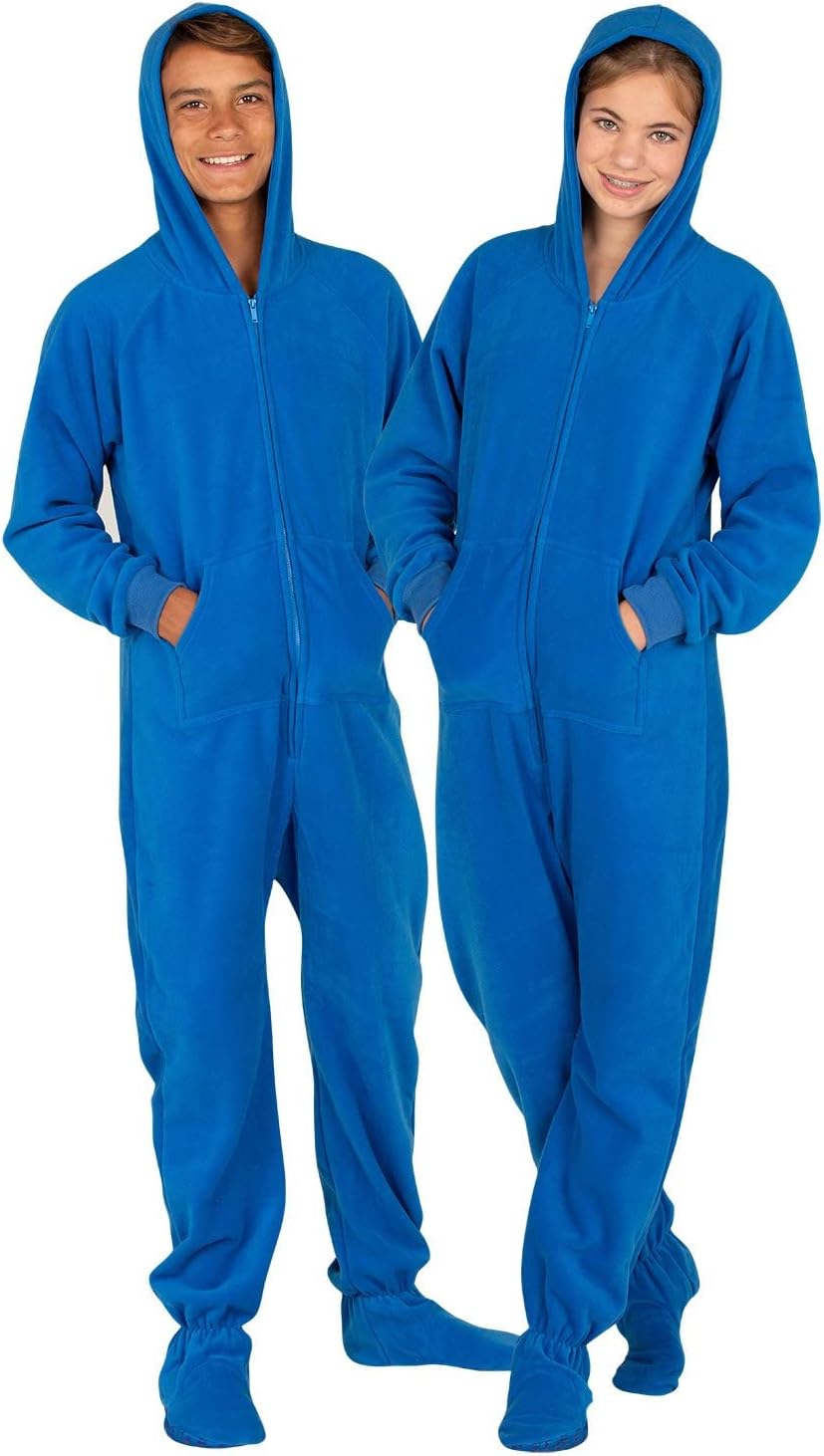 Footed Pajamas - Brilliant Blue Kids Hoodie Fleece One Piece - Kids - Small (Fits 4'2-4'5")