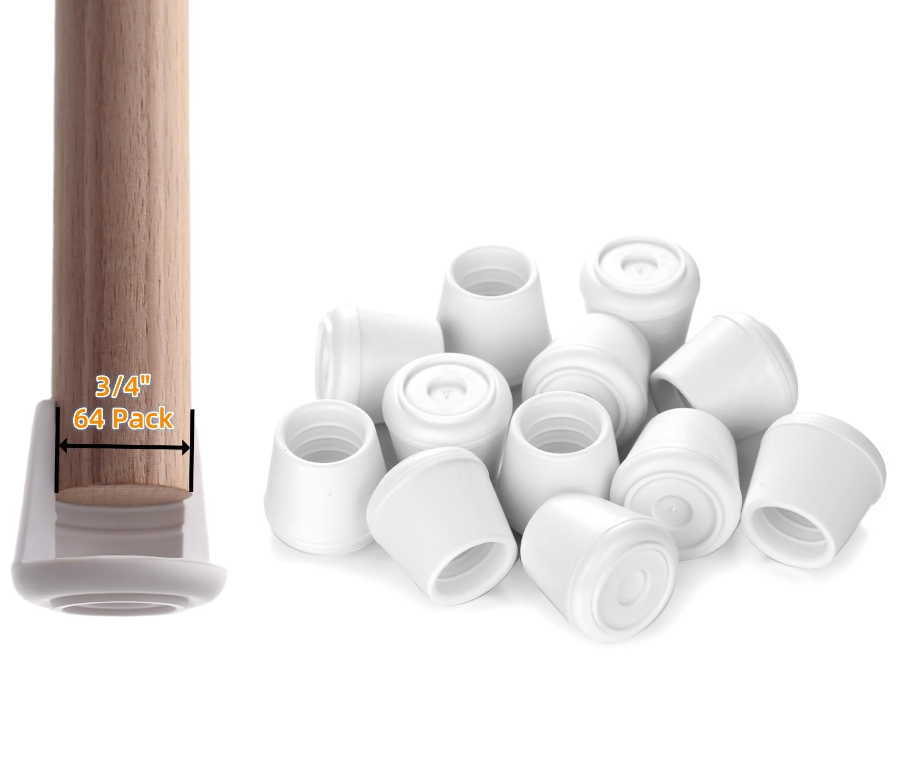 Chair Leg Tips Caps Non-Slip Rubber Leg Tips 3/4” Inner Diameter Furnigear-Chair Leg Floor Protectors Round White, 64 Pack