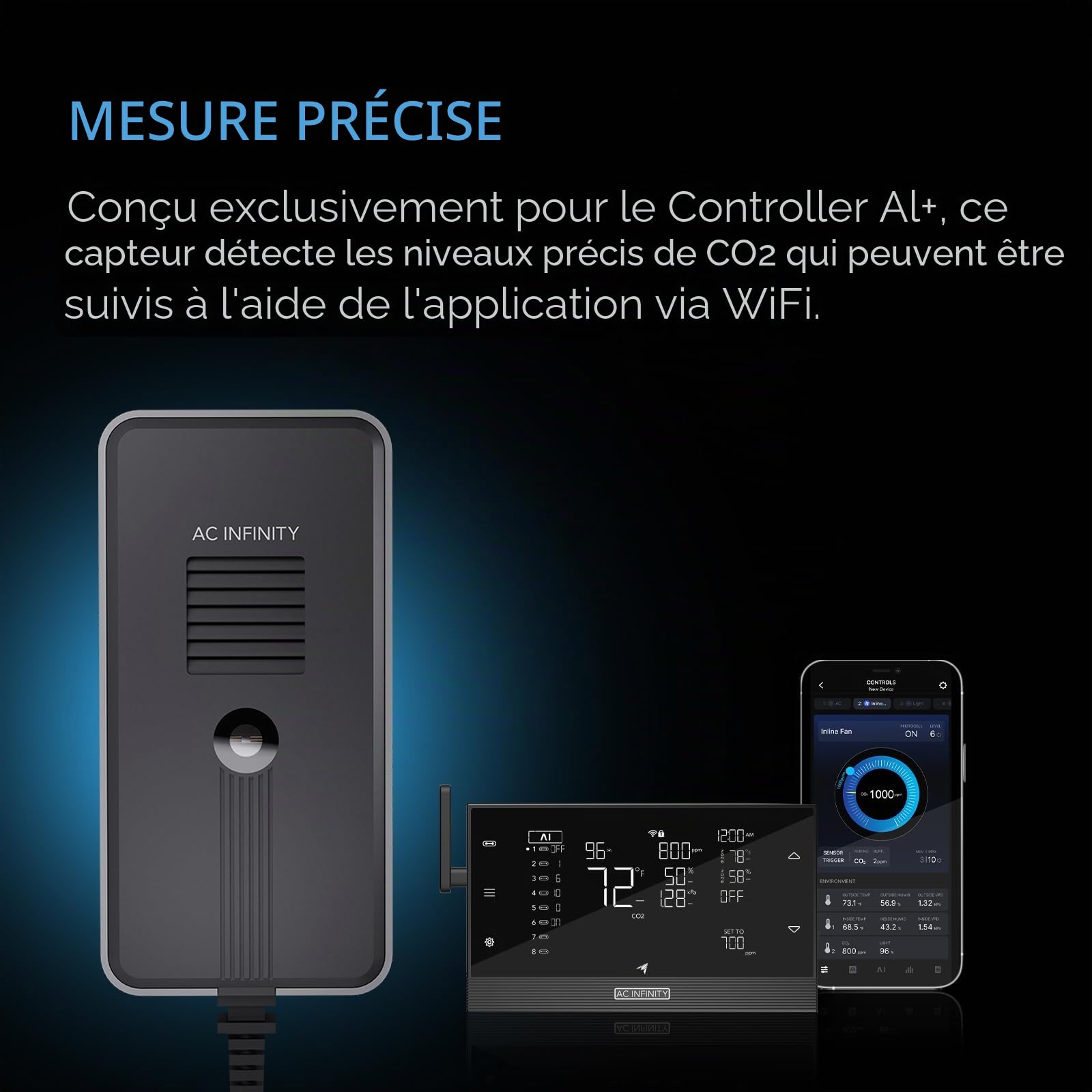 AC Infinity Capteur de CO2 + de lumière, capteur environnemental, aide dynamiquement le suivi des données de CO2 AI+ pour les jardins, les tentes de culture, les espaces de culture, avec ventilateur