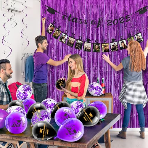 Image of FRAMICS Graduation Decorations 2025, Graduation Banner Class of 2025, Graduations Photo Banner, Tinsel Backdrop Curtains, Ballons & Streamers Kit, Graduations Party Decorations, 82 Pieces, Purple