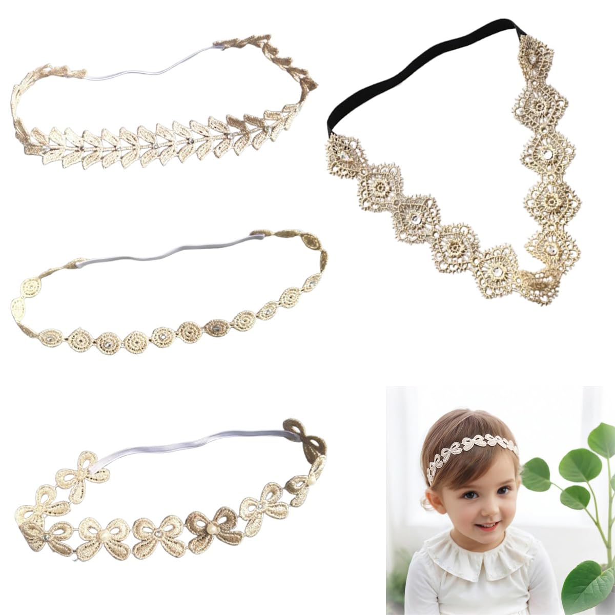 Adorable Set of 4 Baby Elastic Flower Headbands - Stretch Lace Headwear with Floral Leaf Design - Hand Sewn Flower Headband for Soft Baby Dress-Up - Baby Girls' Hair Accessories