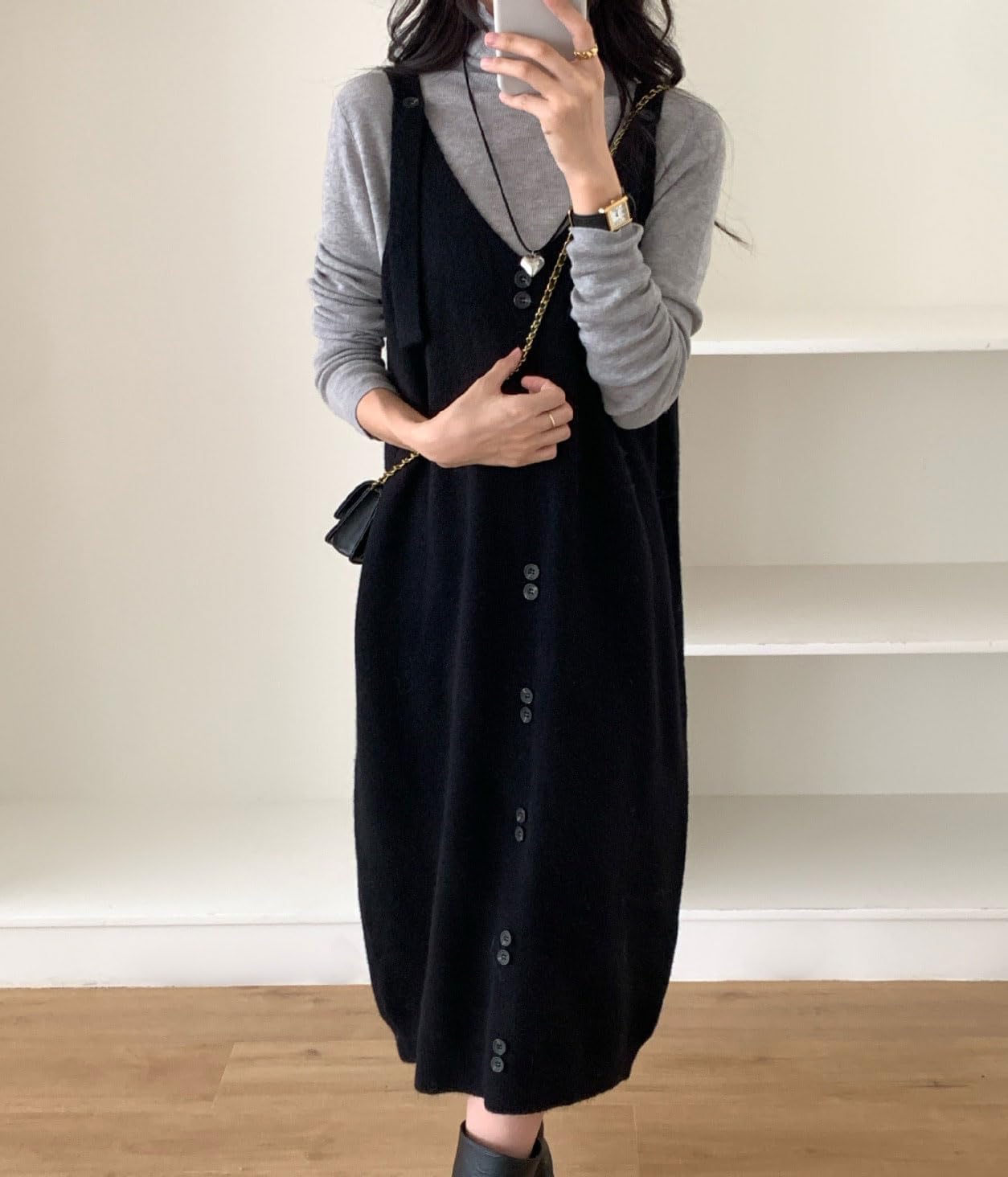 chouyatou Women's Suspender Strap Knit Overall Dress Button Loose Sleeveless Sweater Jumper Midi Long Dress